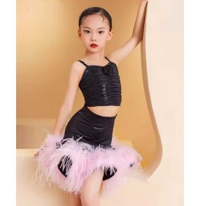 Pink Ostrich feathers Latin dance dresses for girls kids latin ballroom salsa rumba chacha stage performance stretchable outfits for girl